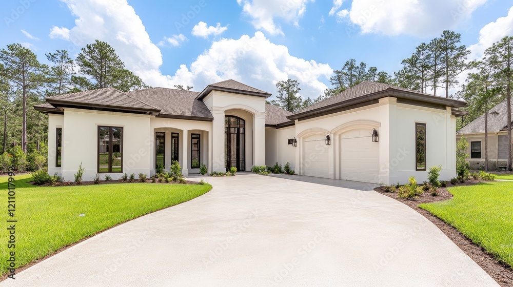 Modern single-story house with a welcoming driveway and landscaped surroundings. Modern single-story house with a welcoming driveway and landscaped surroundings.