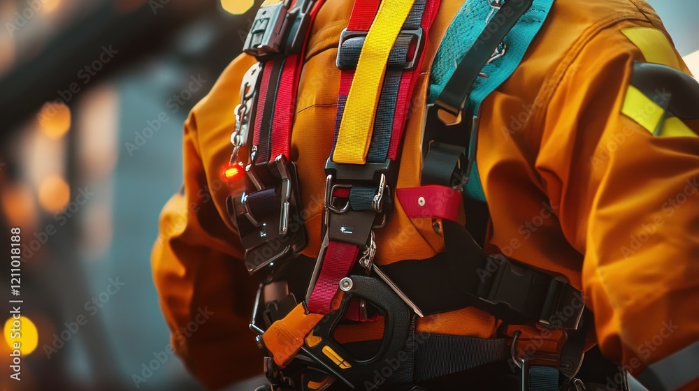 Close-up of a Firefighter's Safety Harness and Gear Close-up of a Firefighter's Safety Harness and Gear