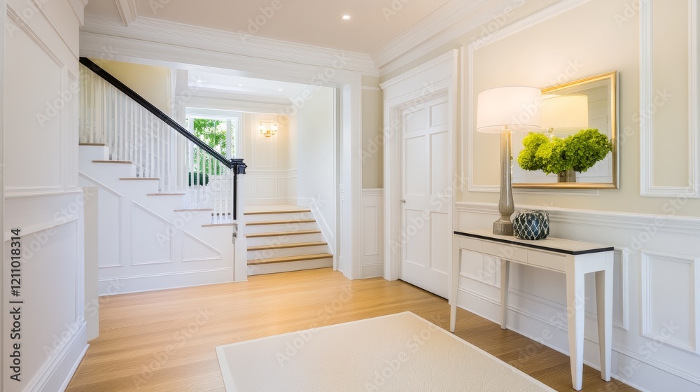 A bright and inviting foyer with a staircase, console table, and stylish decor. A bright and inviting foyer with a staircase, console table, and stylish decor.