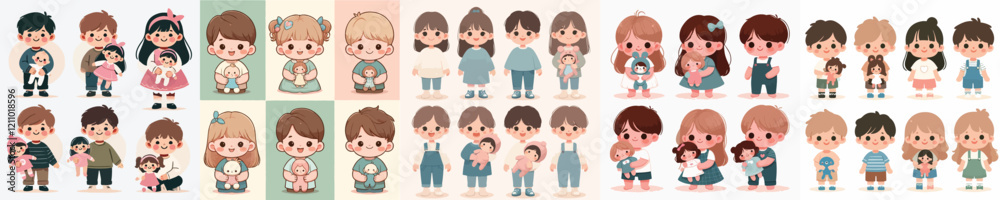 vector set of small children holding cute dolls vector set of small children holding cute dolls