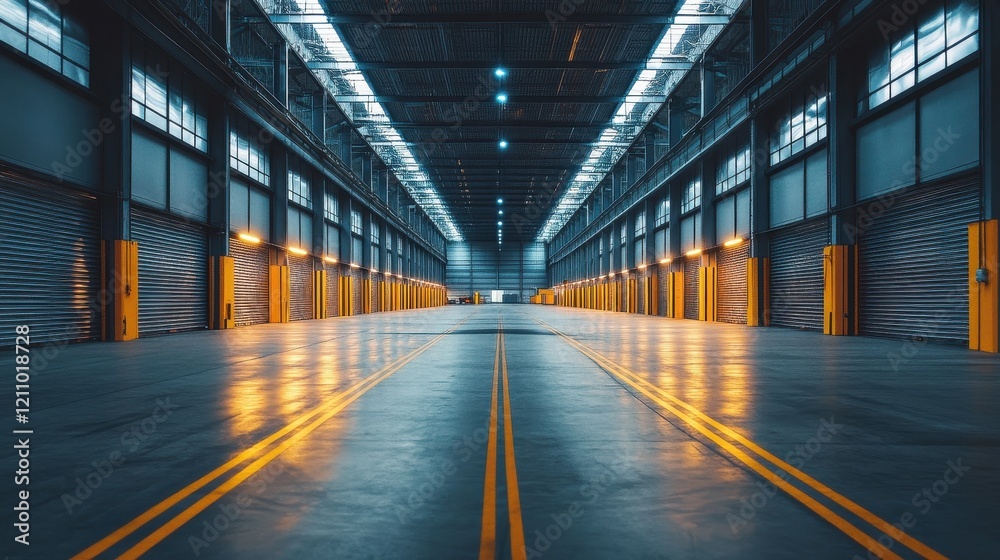 Fototapeta premium Vast empty warehouse with loading docks. Ideal for logistics, shipping, or industrial concepts.