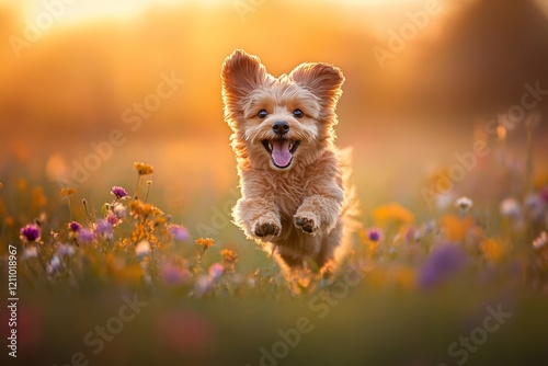 Joyful puppy frolicking through a sunlit wildflower meadow photo