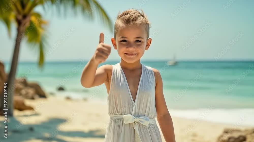 A sweet Slavic boy in romantic white clothes shows a thumb up. Give five. natural nature, sea and palm trees A sweet Slavic boy in romantic white clothes shows a thumb up. Give five. natural nature, sea and palm trees