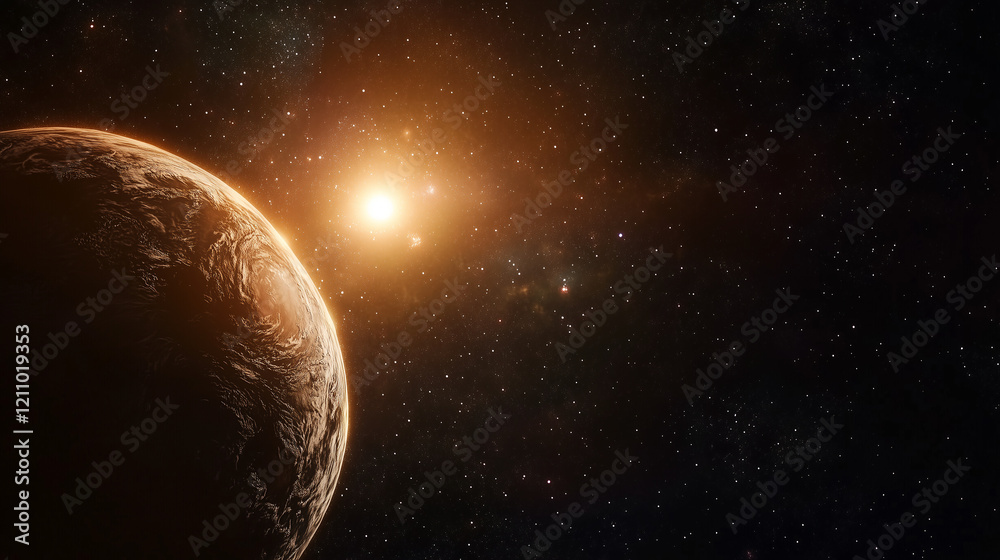 Obraz premium Stunning Golden Planet Sunrise Space Scene Celestial Background Cosmic Universe Astronomy Starry Night Galaxy Exploration Digital 