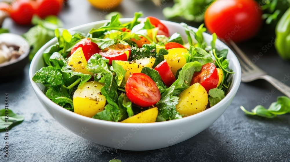 Fresh salad with tomatoes and greens in a bowl.