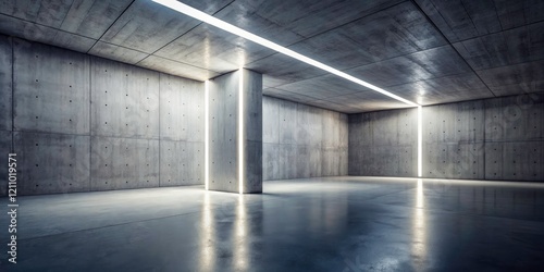 Empty, modern architecture;  diagonal pillars slice through a long-exposure image of a rough-floored, indirectly lit concrete room. photo