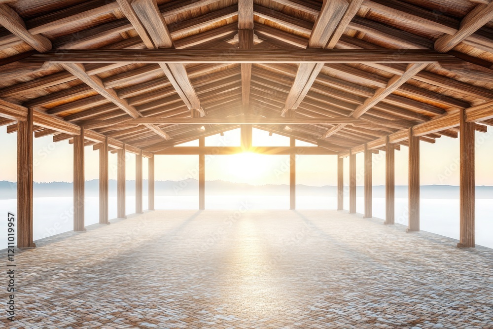 Wooden structure sunrise landscape peaceful meditation Wooden structure sunrise landscape peaceful meditation