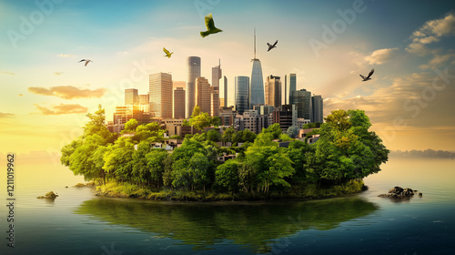 Eco City Island Sustainable Urban Landscape Modern Cityscape Green Environment Beautiful Nature Tranquil Sunset Peaceful Birds     photo