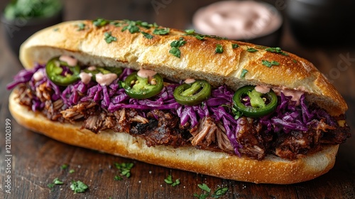 Delicious pulled pork sandwich with purple cabbage and jalape?os on a wooden table