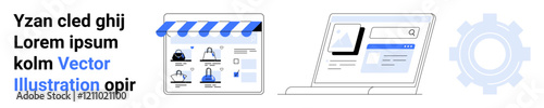 E-commerce store interfaces alongside a laptop showing website frontend and a setting gear. Ideal for e-commerce, digital marketing, web development, online business, UI design, internet shopping