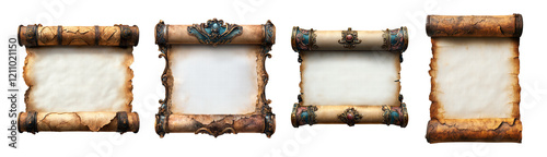 Set of ancient parchment scroll on transparent background, PNG 