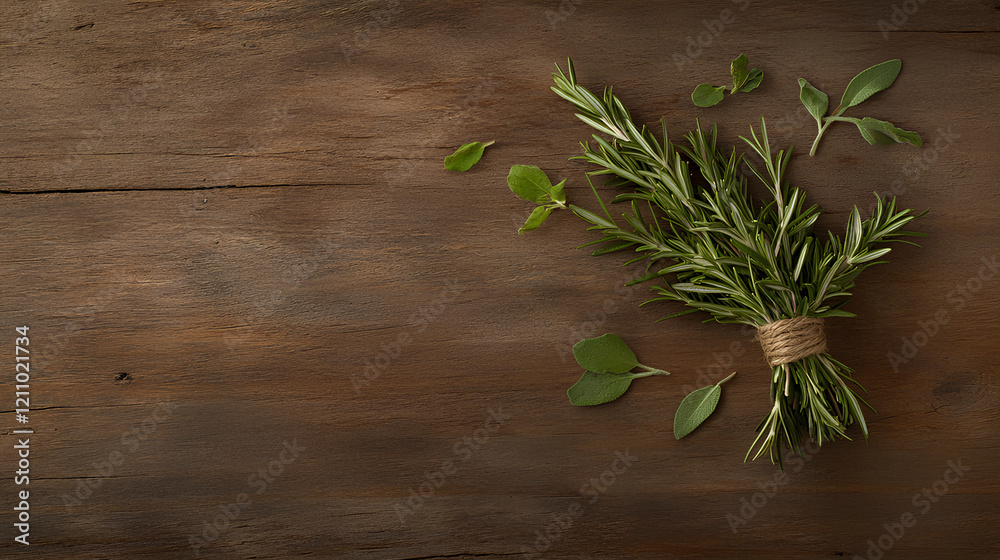 Obraz premium Bundle of Fresh Rosemary and Thyme on Rustic Wooden Surface with Scattered Leaves