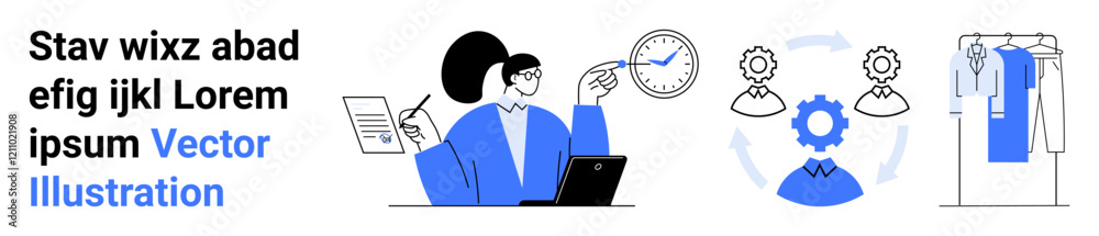 Business professional reviewing documents, checking time, and using a laptop. Gear mechanism with interconnected gears and clothing hanger. Ideal for business, productivity, workflow, efficiency Business professional reviewing documents, checking time, and using a laptop. Gear mechanism with interconnected gears and clothing hanger. Ideal for business, productivity, workflow, efficiency