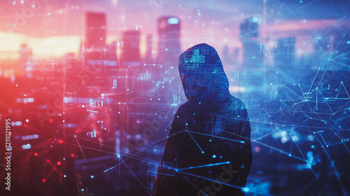 Hacker are planning to hack and attack networks and cyber security systems.Smart digital Innovation city with connection network reciprocity over the cityscape	