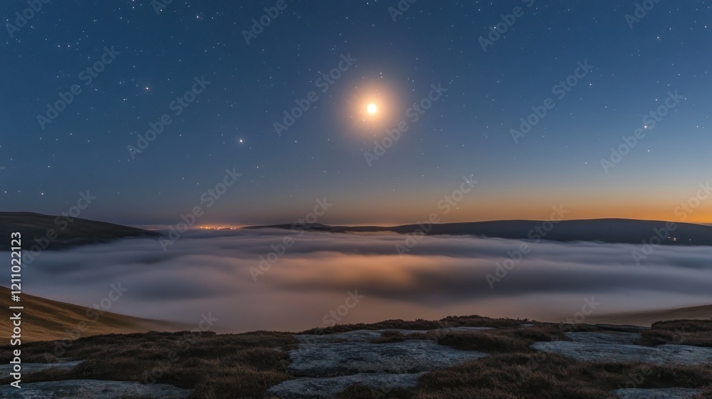 A serene night landscape with a glowing moon above a sea of clouds and distant stars. A serene night landscape with a glowing moon above a sea of clouds and distant stars.
