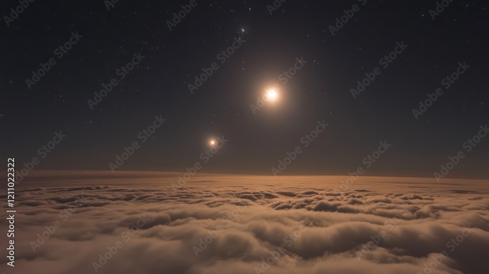 A serene night sky above clouds featuring two bright celestial bodies. A serene night sky above clouds featuring two bright celestial bodies.