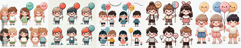 vector set of small children holding balloons vector set of small children holding balloons