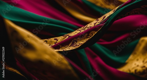 Abstract Silk Swirls: A close-up abstract shot of flowing silk fabric in shades of deep crimson, rich emerald green, and golden yellow. The intricate woven pattern adds depth and texture to the image. photo