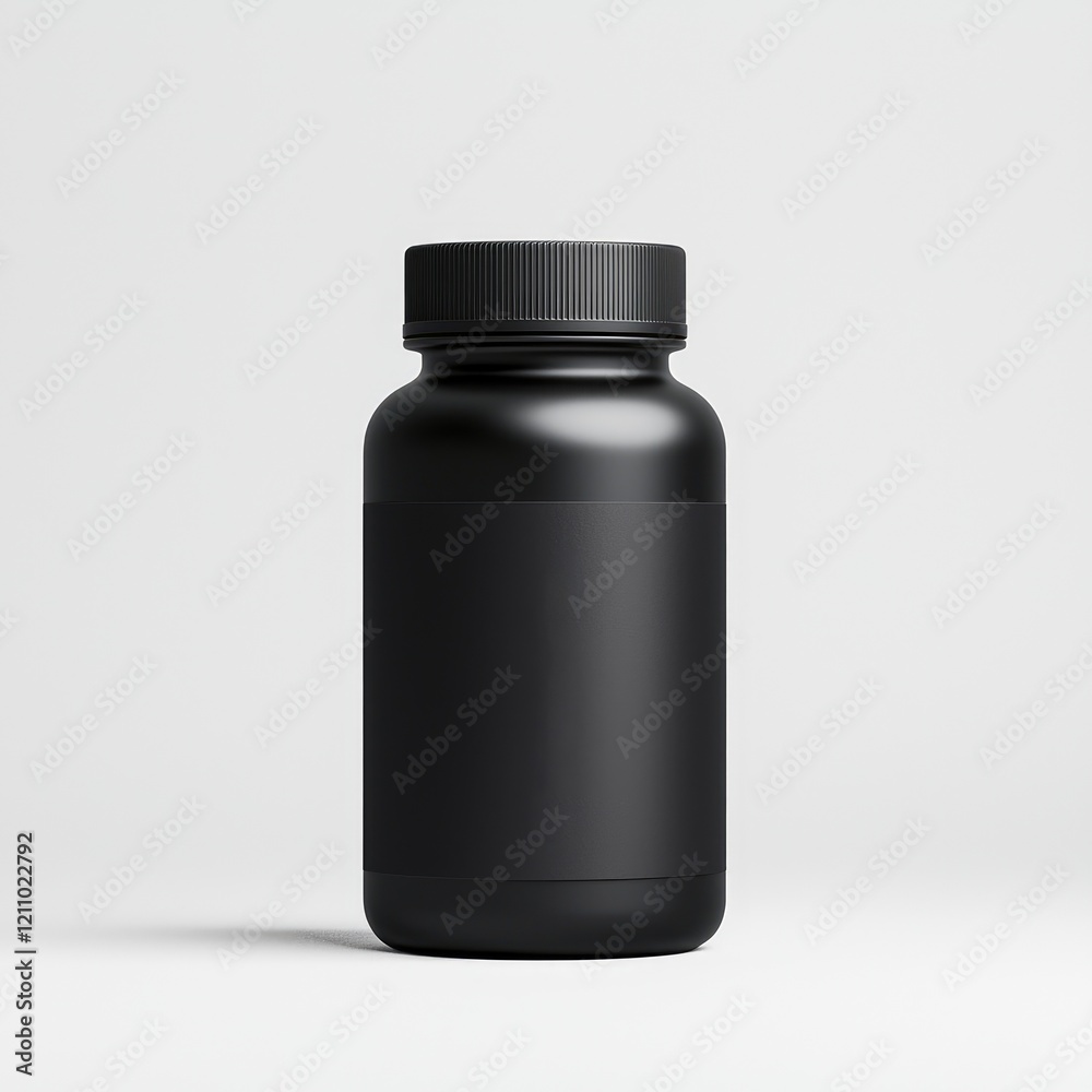 Black plastic bottle with blank label, isolated on white background. Black plastic bottle with blank label, isolated on white background.