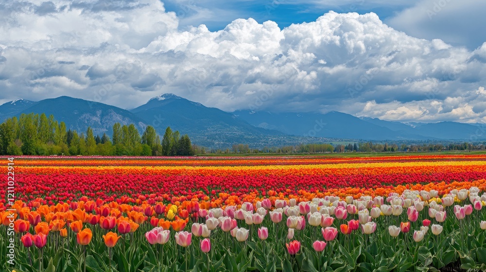 Vibrant Tulip Field with Mountain Backdrop Vibrant Tulip Field with Mountain Backdrop