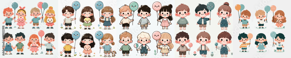 vector set of small children holding balloons vector set of small children holding balloons