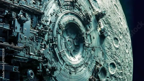 A space station with a large dome on top. The dome is surrounded by a lot of machinery and the space station is floating in space