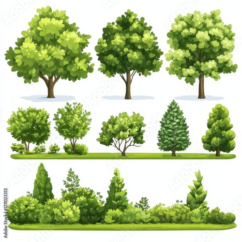Set of lush green forests, cut out
