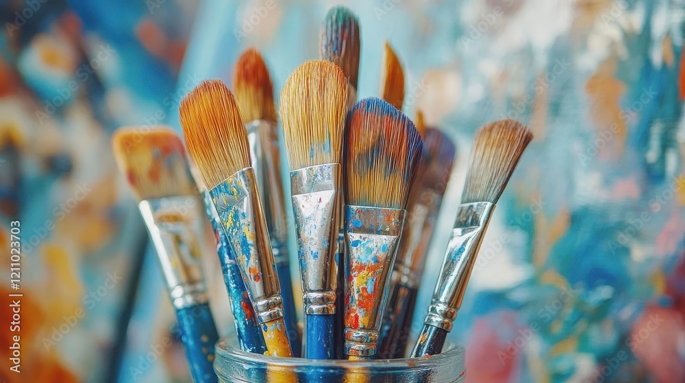 Fototapeta premium Paintbrushes in jar, close-up of colorful paintbrush tips in a glass jar, artistic studio setting