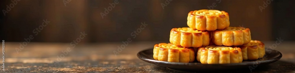 Delicious mooncakes stacked on a plate, perfect for festive celebrations. Delicious mooncakes stacked on a plate, perfect for festive celebrations.