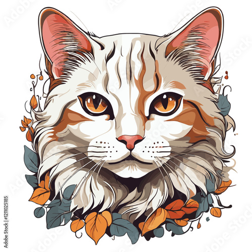 An artistic illustration of a cat's face surrounded by autumn-inspired leaves, showcasing intricate details and warm tones