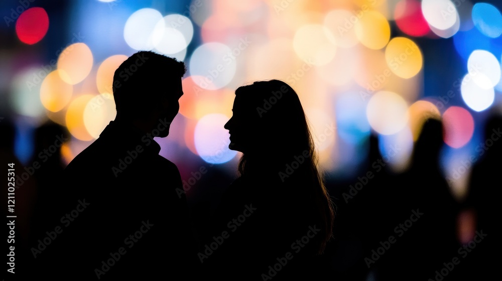 A silhouette of a couple against a colorful, blurred background, conveying intimacy and connection. A silhouette of a couple against a colorful, blurred background, conveying intimacy and connection.