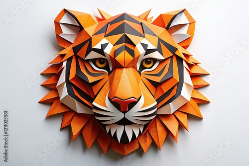 Minimalist Orange & Black Paper Cut Tiger Portrait - Stock Photo