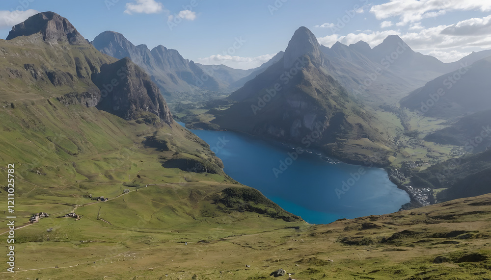 Fototapeta premium Serene Mountain Lake: Panoramic View of Alpine Landscape