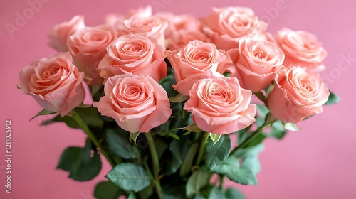 photograph featuring a bouquet of pink roses against a solid pink background arranged in a tight cluster, showcasing their full blooms with delicate petals in varying shades of pink