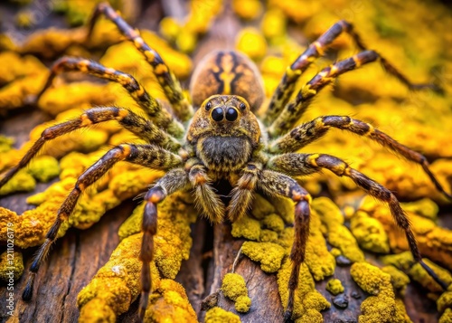 High-angle view: Lycosa singoriensis spider on yellow moss and tree bark. photo