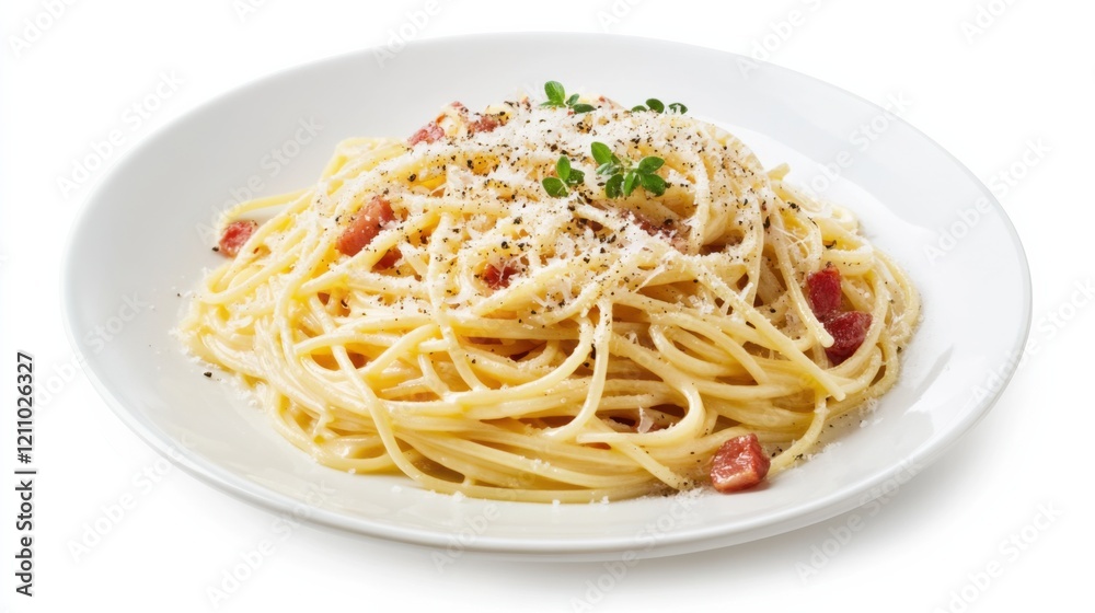 A plate of classic spaghetti carbonara with crispy pancetta, Parmesan cheese, and black pepper A plate of classic spaghetti carbonara with crispy pancetta, Parmesan cheese, and black pepper