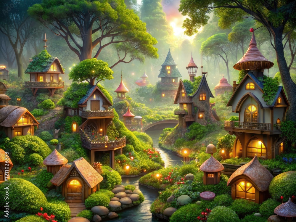 Fototapeta premium High-detail 3D illustration: a fantasy elf town within a lush enchanted forest, featuring detailed CG elves.