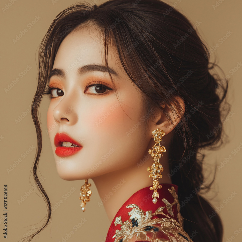 Elegant portrait of a young woman in traditional attire studio setting fashion photography soft lighting intimate viewpoint beauty concept Elegant portrait of a young woman in traditional attire studio setting fashion photography soft lighting intimate viewpoint beauty concept