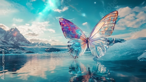 A delicate crystalline butterfly, its wings showcasing a kaleidoscope photo