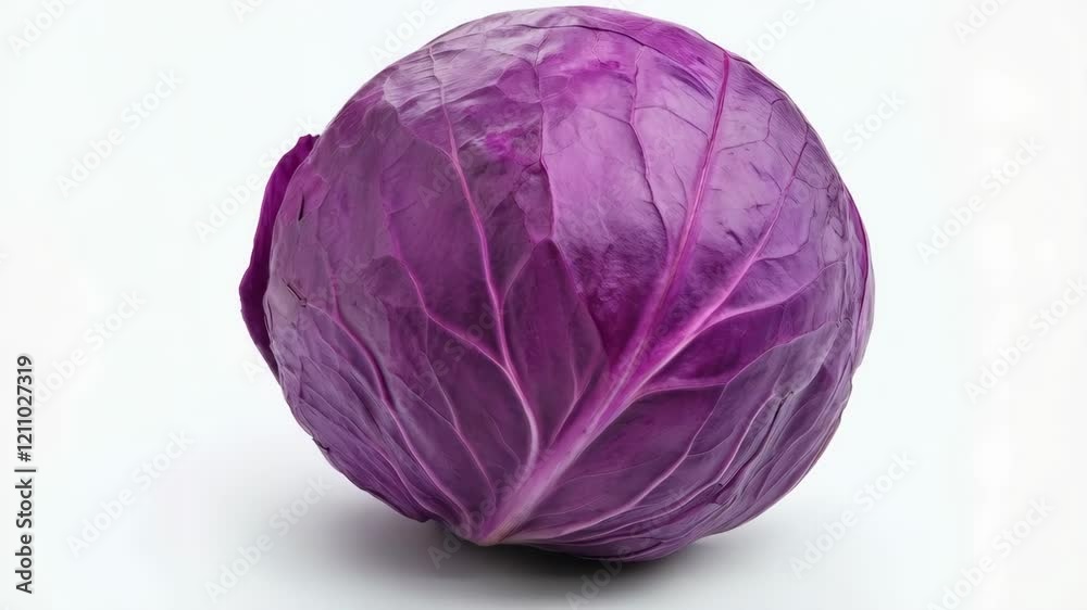 Fresh purple cabbage rotation with white background revealing details in natural light Fresh purple cabbage rotation with white background revealing details in natural light