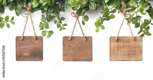 one wooden signboards hanging from green leaves on branches, isolated on a white background.
