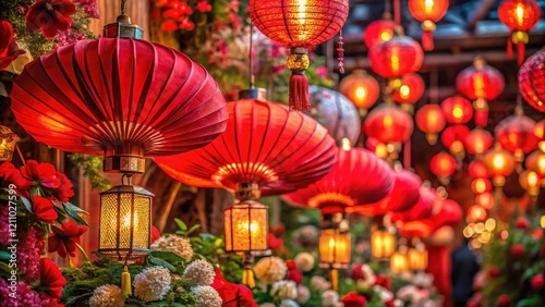 Vibrant Festive Celebration: Red Lanterns, Fans & Flowers