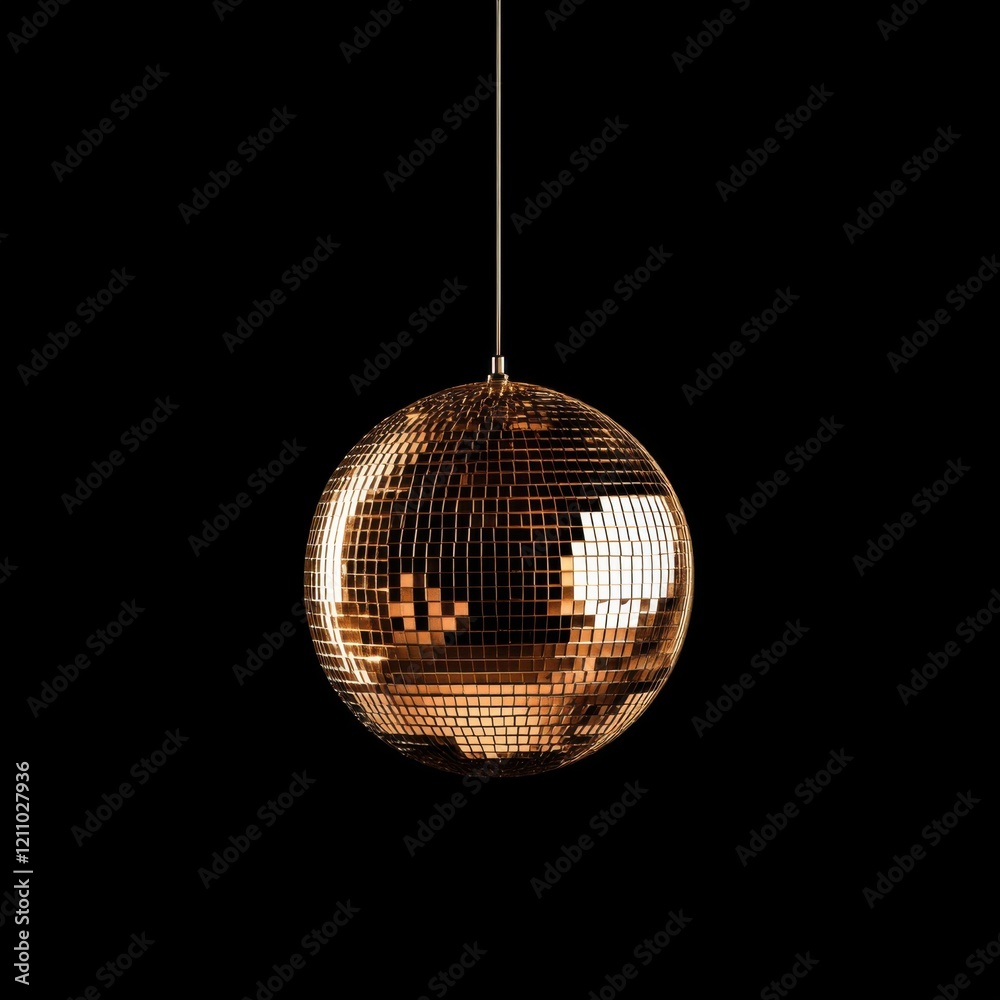 Fototapeta premium Golden Disco Ball Hanging Against Black Background