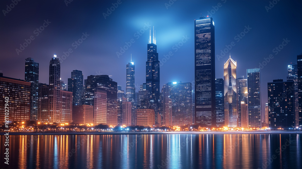 Obraz premium Stunning Night View of Chicago Skyline Cityscape Beautiful Modern Architecture Illuminated Buildings Nighttime City Lights 
