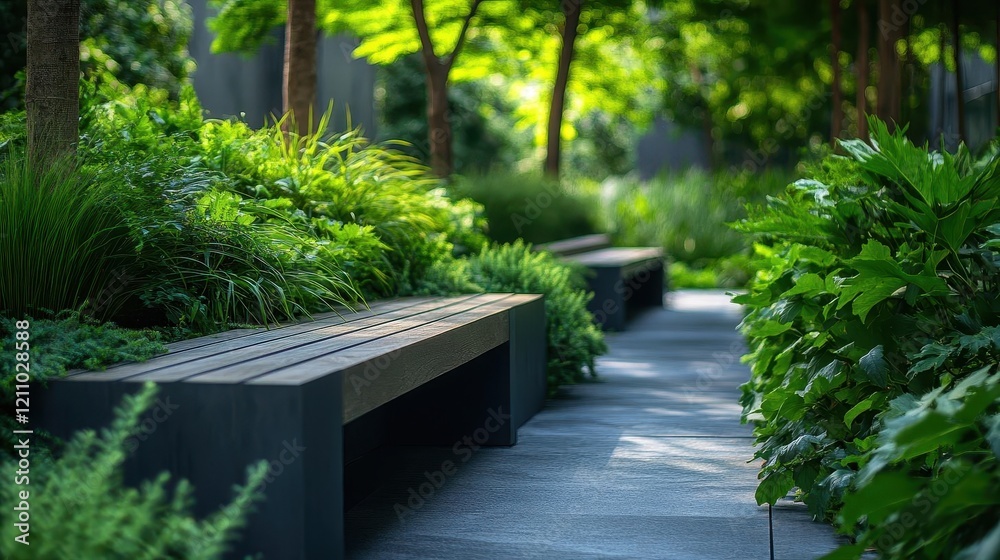 Urban green space, close-up of lush greenery and modern benches, soft light creating depth Urban green space, close-up of lush greenery and modern benches, soft light creating depth