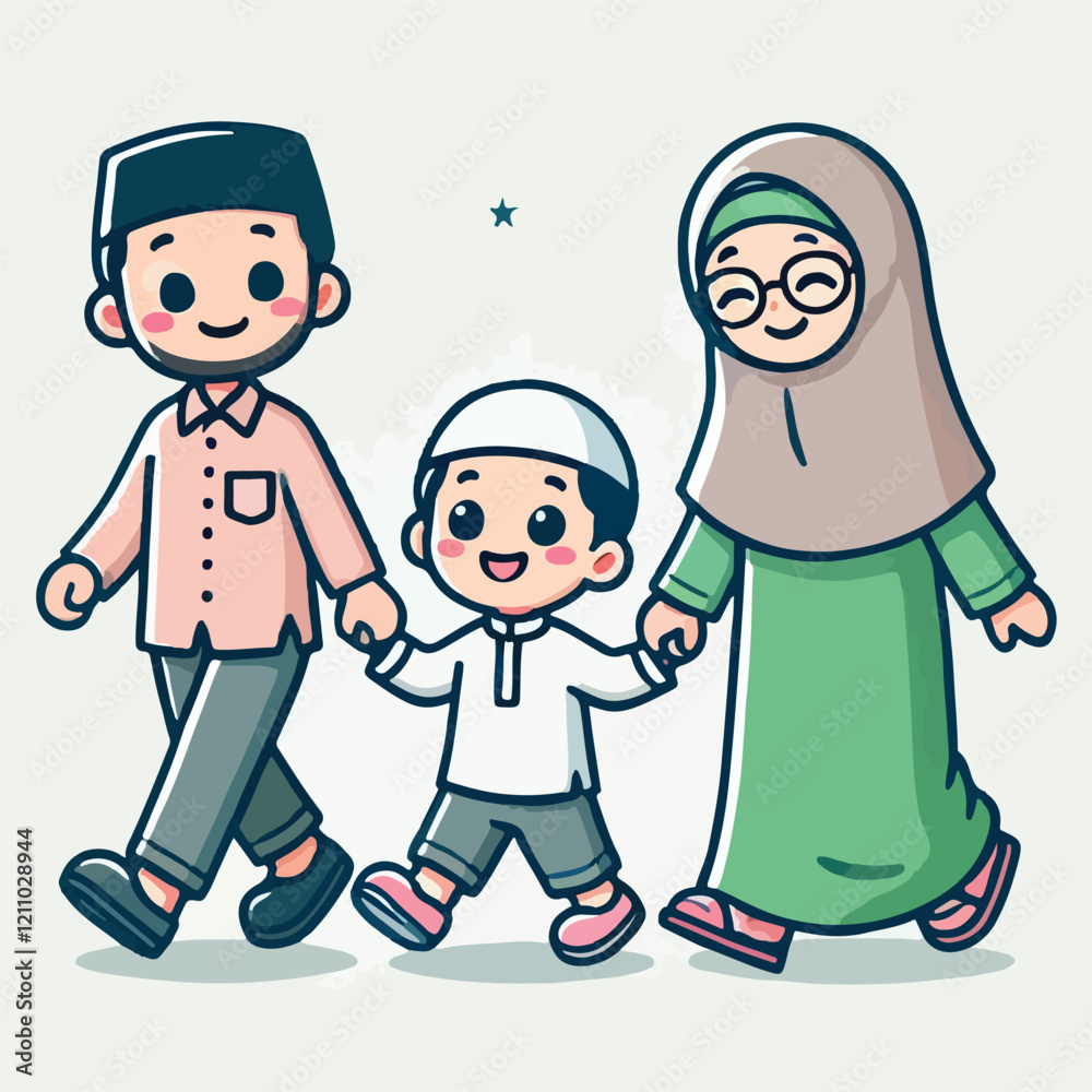 Happy Muslim Family Walking Hand in Hand Illustration Happy Muslim Family Walking Hand in Hand Illustration