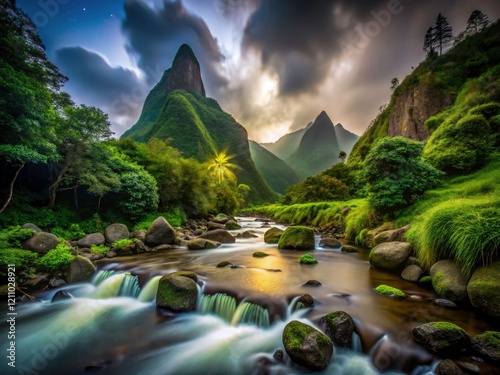 Iao Valley's nocturnal beauty: Kinihapai Stream and Iao Needle bathed in soft Hawaiian moonlight. photo