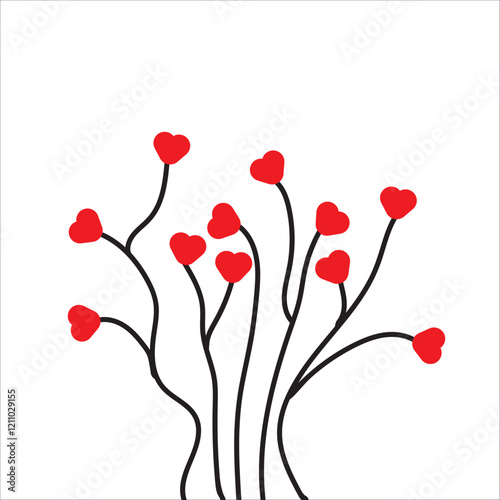 vector illustration of a red heart tree on a white background. tree of love. A black tree with red flowers.