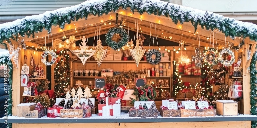 Obraz premium Festive Christmas market stall, winter snow, handmade gifts. Holiday shopping