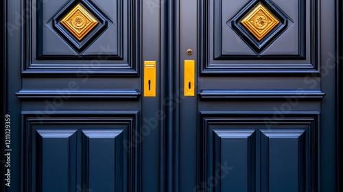 A stylish navy blue double door with decorative gold accents. photo